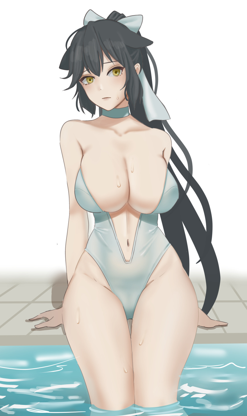 1girl absurdres azur_lane black_hair bow breasts center_opening choker fui_attack hair_bow high_ponytail highres large_breasts long_hair looking_away navel one-piece_swimsuit poolside sideways_glance simple_background solo strapless strapless_swimsuit sweatdrop swimsuit takao_(azur_lane) very_long_hair wading white_background white_bow white_choker yellow_eyes