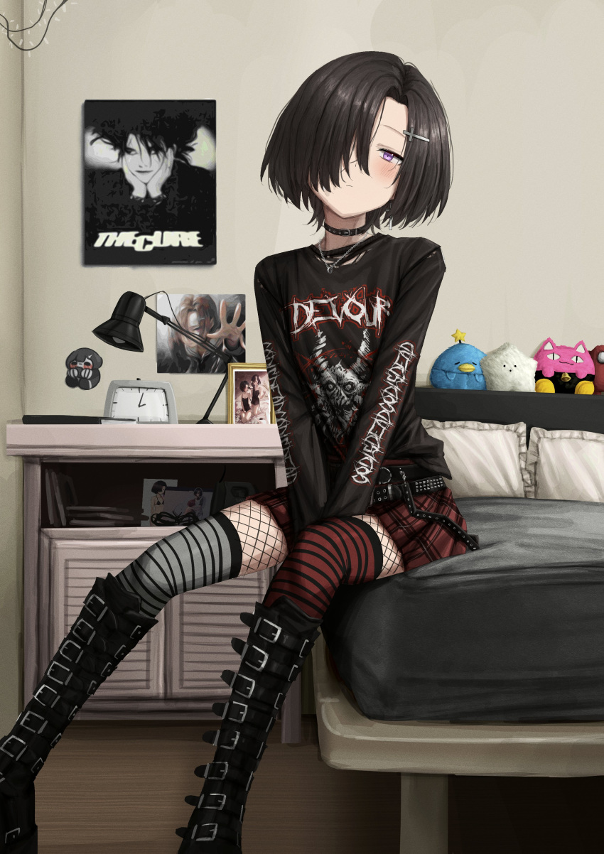 1girl absurdres asymmetrical_legwear band_shirt bangs bed black_hair boots collar cross_hair_ornament fishnet_legwear fishnets hair_ornament hair_over_one_eye highres indoors kurotama_rei lobsteranian long_bangs looking_at_viewer mismatched_legwear original pantyhose poster_(object) purple_eyes short_hair sitting skirt solo thighhighs