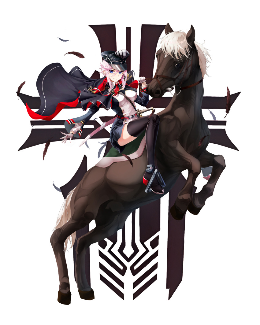 1girl absurdres arm_up azur_lane bangs black_cape black_footwear black_headwear black_thighhighs blue_eyes boots breasts cape chinese_commentary closed_mouth cross feathers full_body gloves hat highres holding holding_leash holstered_weapon horse horseback_riding iron_blood_(emblem) iron_cross leash legs long_hair long_sleeves looking_at_viewer medium_breasts military_hat peaked_cap pink_hair riding seydlitz_(azur_lane) seydlitz_art sitting smile solo sword thigh_boots thighhighs thighs uniform weapon white_background white_gloves