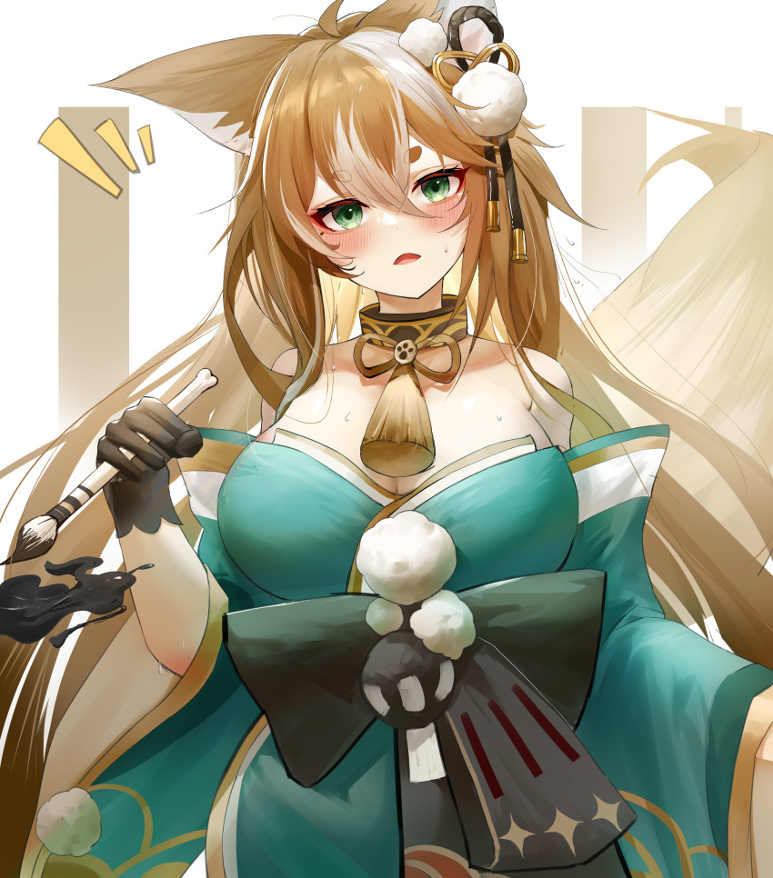 1girl absurdres animal_ears aqua_kimono bangs bare_shoulders blush breasts brown_hair calligraphy_brush cleavage collarbone commentary_request detached_sleeves di_qi_gang_guang dog_ears dog_tail genderswap genderswap_(mtf) genshin_impact green_eyes hair_between_eyes hair_ornament highres hina_(genshin_impact) holding holding_brush japanese_clothes kimono large_breasts long_hair long_sleeves looking_at_viewer multicolored_hair paintbrush pom_pom_(clothes) pom_pom_hair_ornament rope shimenawa sidelocks simple_background solo strapless streaked_hair tail thick_eyebrows two-tone_hair wide_sleeves