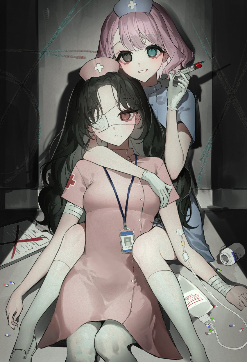 2girls absurdres aqua_eyes bamme_o3o bandaged_arm bandages black_eyes black_hair blush bottle clipboard closed_mouth drugged drugs eyelashes eyepatch gloves hat heterochromia highres holding holding_syringe intravenous_drip long_eyelashes long_hair looking_at_viewer mole mole_under_mouth multiple_girls nurse nurse_cap original pantyhose parted_lips pill pink_hair red_eyes short_hair sitting smile syringe white_footwear white_gloves white_pantyhose x