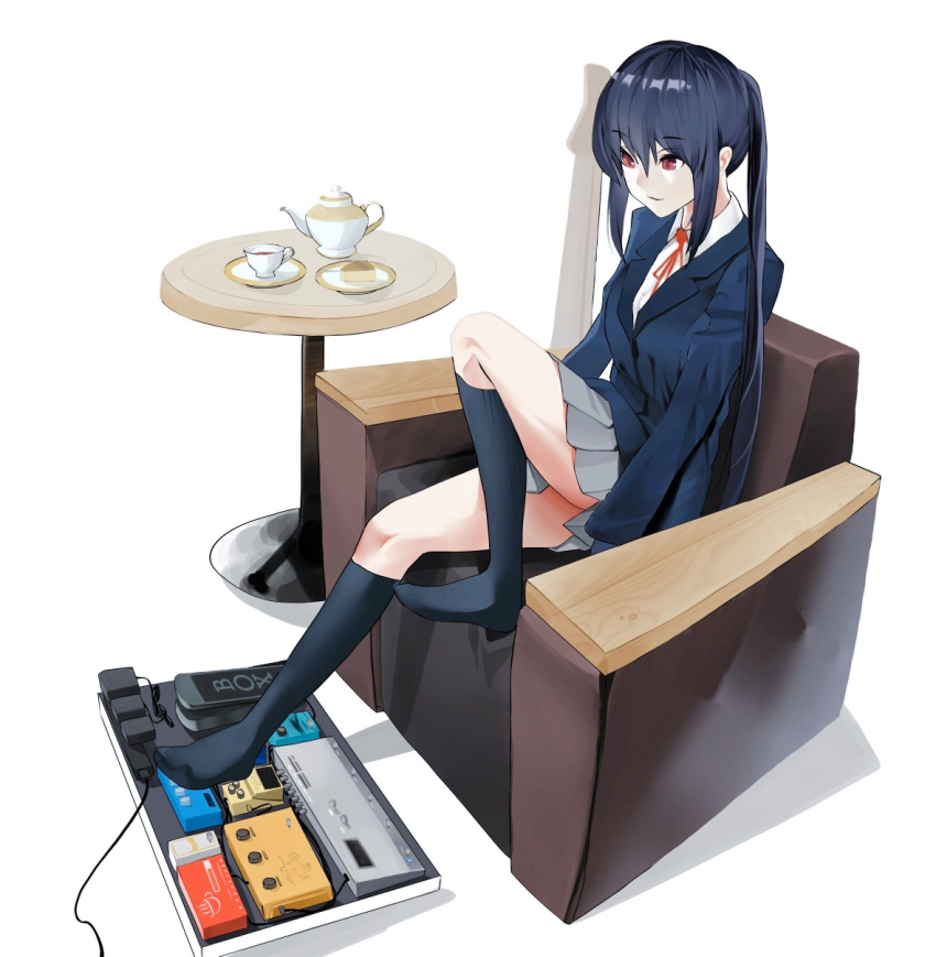 1girl armchair black_hair black_socks blazer blue_jacket chair commentary_request cup effects_pedal grey_skirt guitar highres instrument jacket k-on! long_hair long_sleeves nakano_azusa neck_ribbon no_shoes red_eyes red_ribbon ribbon sakuragaoka_high_school_uniform saya_endo_(27) school_uniform shirt simple_background sitting skirt socks solo tea_set teapot tray twintails white_background white_shirt