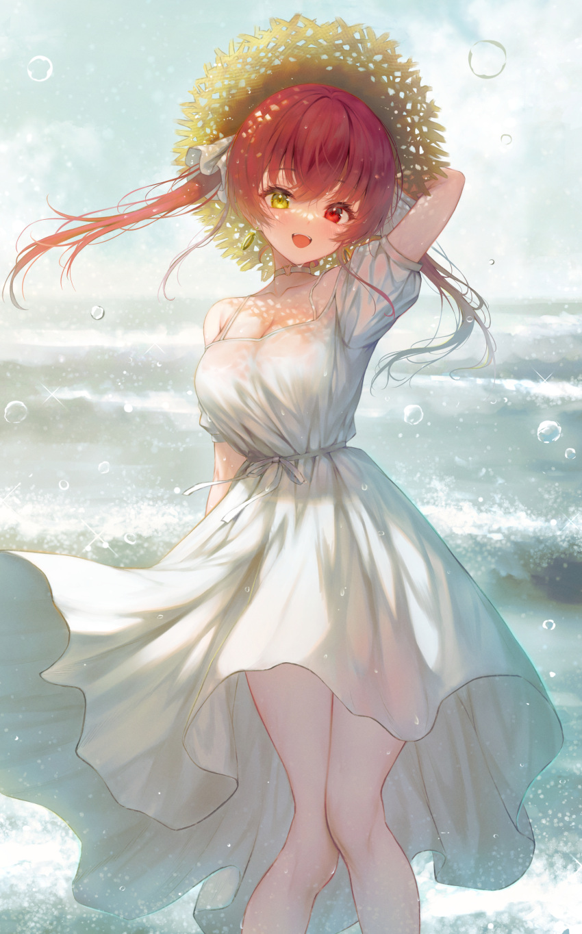 1girl :d absurdres arm_behind_head arm_up bangs bare_legs blush breasts brown_headwear bubble choker cleavage collarbone cowboy_shot day dress hair_between_eyes hair_ribbon hat heterochromia highres hololive houshou_marine ijac_ray large_breasts long_hair looking_at_viewer ocean off_shoulder open_mouth outdoors red_eyes red_hair ribbon short_sleeves sleeveless smile solo standing straw_hat thighs twintails virtual_youtuber water water_drop white_choker white_dress white_ribbon yellow_eyes