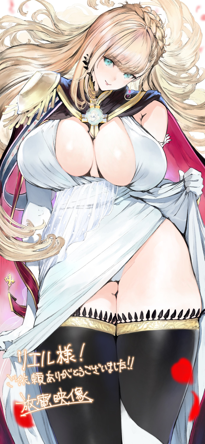 1girl absurdres aqua_eyes armpit_crease armpits artist_name black_cape black_thighhighs blonde_hair braid breasts breasts_apart cape clothes_lift commission cross crown_braid dress dress_lift earrings elbow_gloves gloves head_tilt highres houden_eizou iron_cross jewelry lace long_hair looking_at_viewer original panties petals second-party_source signature skeb_commission solo thick_thighs thighhighs thighs two-sided_fabric underwear very_long_hair white_dress white_gloves white_panties