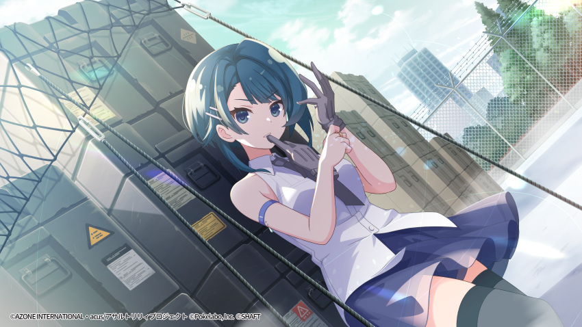 1girl adjusting_clothes adjusting_gloves against_wall aizawa_kazuha arm_strap artist_request assault_lily asymmetrical_hair bangs bare_shoulders black_thighhighs blue_eyes blue_hair blue_skirt blunt_bangs box box_stack breasts building buttons cargo_net chain-link_fence clenched_teeth cloud cloudy_sky collared_shirt cowboy_shot day dutch_angle fence glove_in_mouth gloves grey_gloves grey_necktie hair_behind_ear hair_ornament hairclip hands_up highres jewelry leg_up lens_flare looking_at_viewer medium_breasts miniskirt mouth_hold necktie net official_alternate_costume official_art outdoors parted_lips ring rope shiny shiny_hair shirt short_hair single_glove skirt sky sleeveless sleeveless_shirt solo standing teeth thighhighs v-shaped_eyebrows watermark webp-to-png_conversion white_shirt zettai_ryouiki