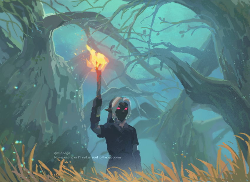 1boy bangs black_gloves black_shirt black_skirt dark_link fork gloves glowing glowing_eyes grass green_sky grey_hair highres male_focus night outdoors parted_bangs pointy_ears red_eyes shirt skirt solo st_hedge the_legend_of_zelda the_legend_of_zelda:_breath_of_the_wild tree