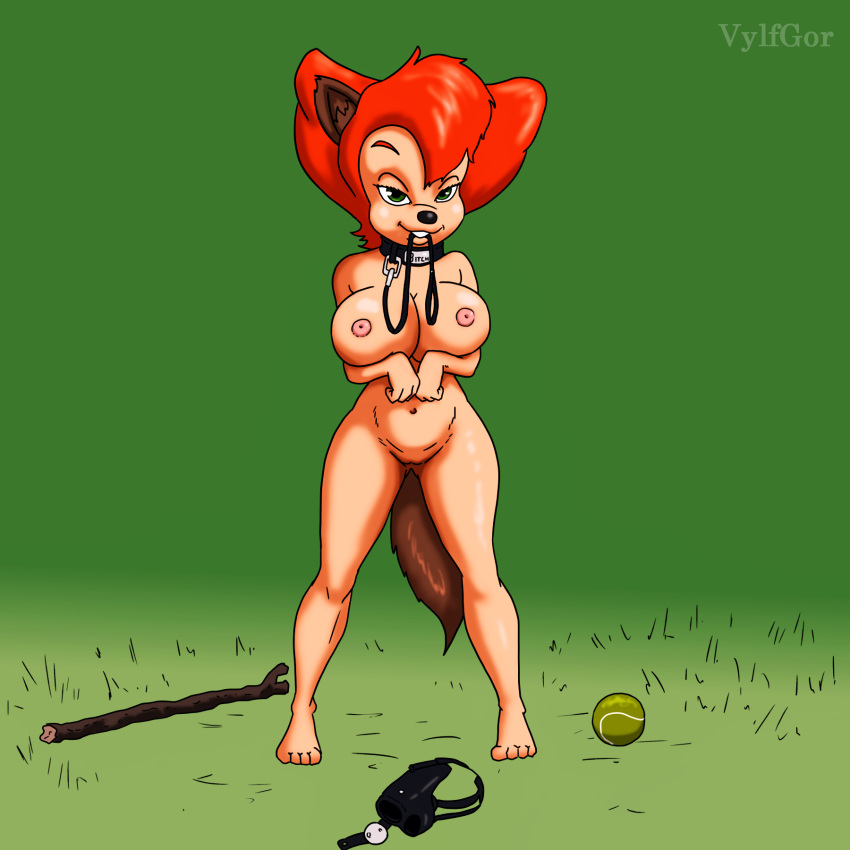 1:1 anal anal_penetration anthro bdsm big_breasts breasts canid canine collar disney female fur goof_troop green_eyes hair hi_res mammal mature_anthro mature_female nipples nude peg_pete penetration petplay playing red_hair roleplay smile solo vylfgor