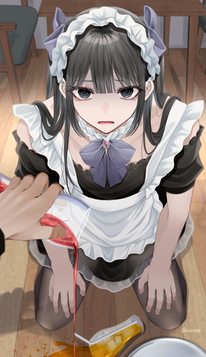 2boys apron bangs black_eyes black_hair black_pantyhose bow bowtie brooch chair commentary_request crossdressing cup drinking_straw eyebrows_behind_hair frown hair_ribbon hands_on_own_thighs highres holding holding_cup ice ice_cube indoors jewelry long_hair looking_at_viewer maid maid_apron maid_headdress male_focus multiple_boys open_mouth original pantyhose purple_bow purple_bowtie purple_ribbon ribbon ringed_eyes seiza shadow shisei_(kyuushoku_banchou) sitting solo_focus spill spilling straight_hair table twitter_username wooden_floor