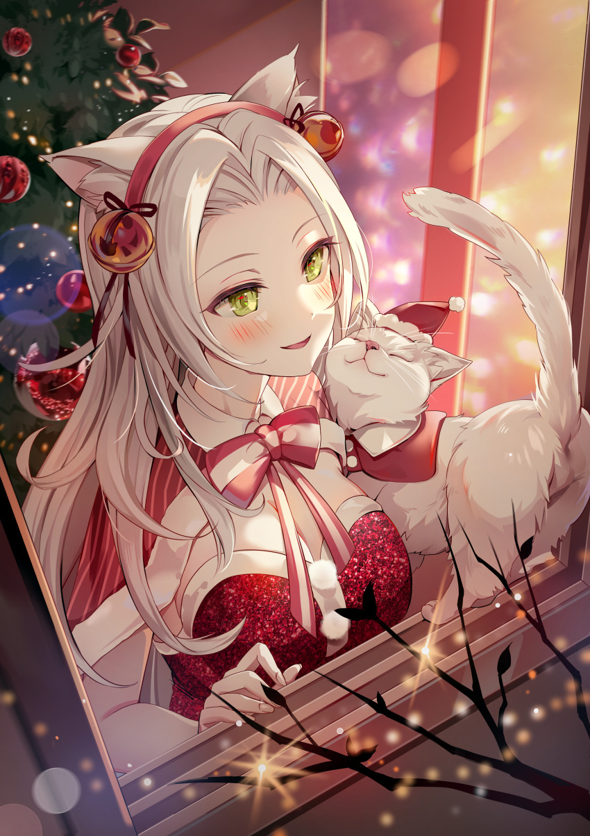 1girl absurdres animal_ear_fluff animal_ears bell blush bow bowtie breasts capelet cat cat_ears christmas_tree cleavage commentary_request dress green_eyes hair_bell hair_ornament hairband highres jingle_bell large_breasts long_hair looking_at_animal luna_nyann original parted_lips red_bow red_bowtie red_capelet red_dress red_hairband smile solo upper_body white_cat white_hair window