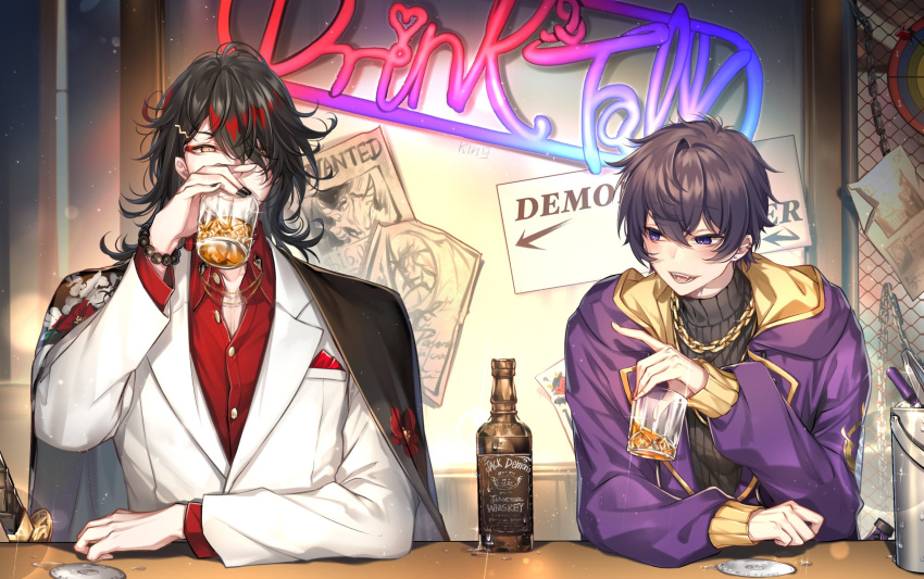 2boys alcohol bar bead_bracelet beads black_hair black_nails black_sweater bottle bracelet chain_necklace cup drinking_glass ear_piercing earrings glass_bottle hair_ornament hair_over_one_eye hairclip highres holding holding_cup indie_virtual_youtuber jack_daniel's jacket japanese_clothes jewelry kimono kimono_on_shoulders kingchenxi long_hair long_sleeves looking_at_another multicolored_hair multiple_boys nail_polish nijisanji nijisanji_en piercing print_kimono purple_eyes purple_jacket red_eyeliner red_hair short_hair shot_glass shoto_(vtuber) smile streaked_hair sweater tassel tassel_earrings virtual_youtuber vox_akuma whiskey yellow_eyes