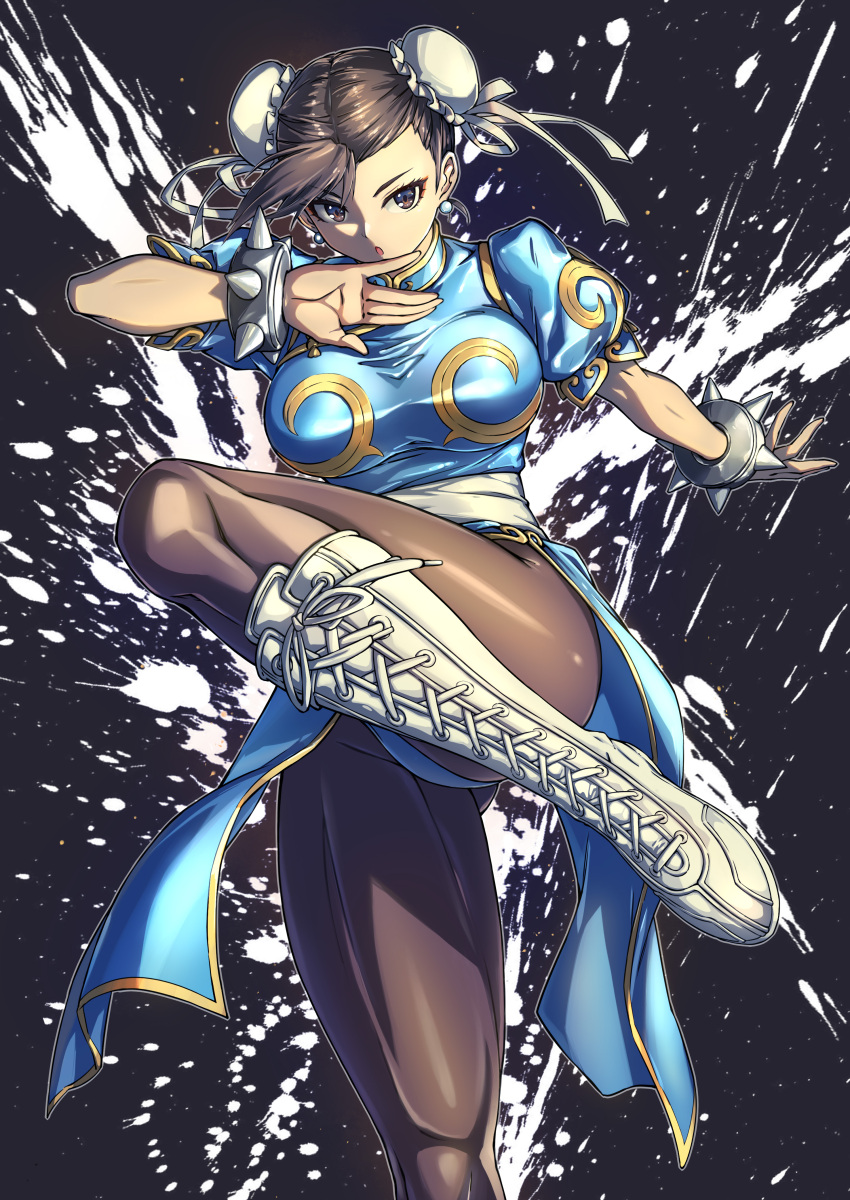 1girl absurdres boots bracelet breasts brown_hair bun_cover chinese_clothes chun-li combat_boots double_bun earrings eyeshadow fighting_stance fish.boy hair_bun highres jewelry large_breasts leg_up makeup pantyhose pearl_earrings red_eyeshadow solo spiked_bracelet spikes street_fighter thick_thighs thighs white_footwear