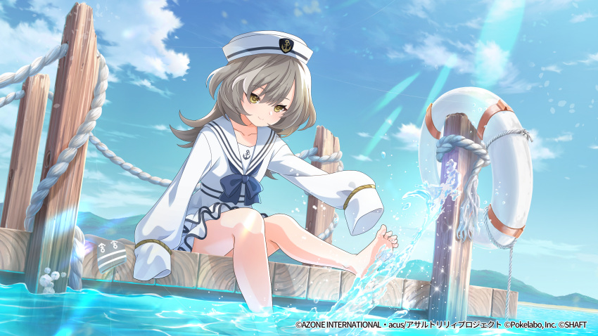 1girl arm_support artist_request assault_lily bangs barefoot blue_bow blue_bowtie blue_sky bow bowtie closed_mouth cloud collarbone day dress dutch_angle foot_out_of_frame grey_hair hair_between_eyes hand_up hat highres leg_up lens_flare lifebuoy long_hair long_sleeves looking_away looking_down mountainous_horizon multicolored_hair ocean official_alternate_costume official_art outdoors outstretched_arm pier rope sailor_collar sailor_dress sailor_hat sasaki_ran shiny shiny_hair short_dress sitting sky sleeves_past_fingers sleeves_past_wrists smile soaking_feet soles solo sparkle splashing streaked_hair toes water_drop watermark webp-to-png_conversion white_dress white_headwear white_sailor_collar yellow_eyes