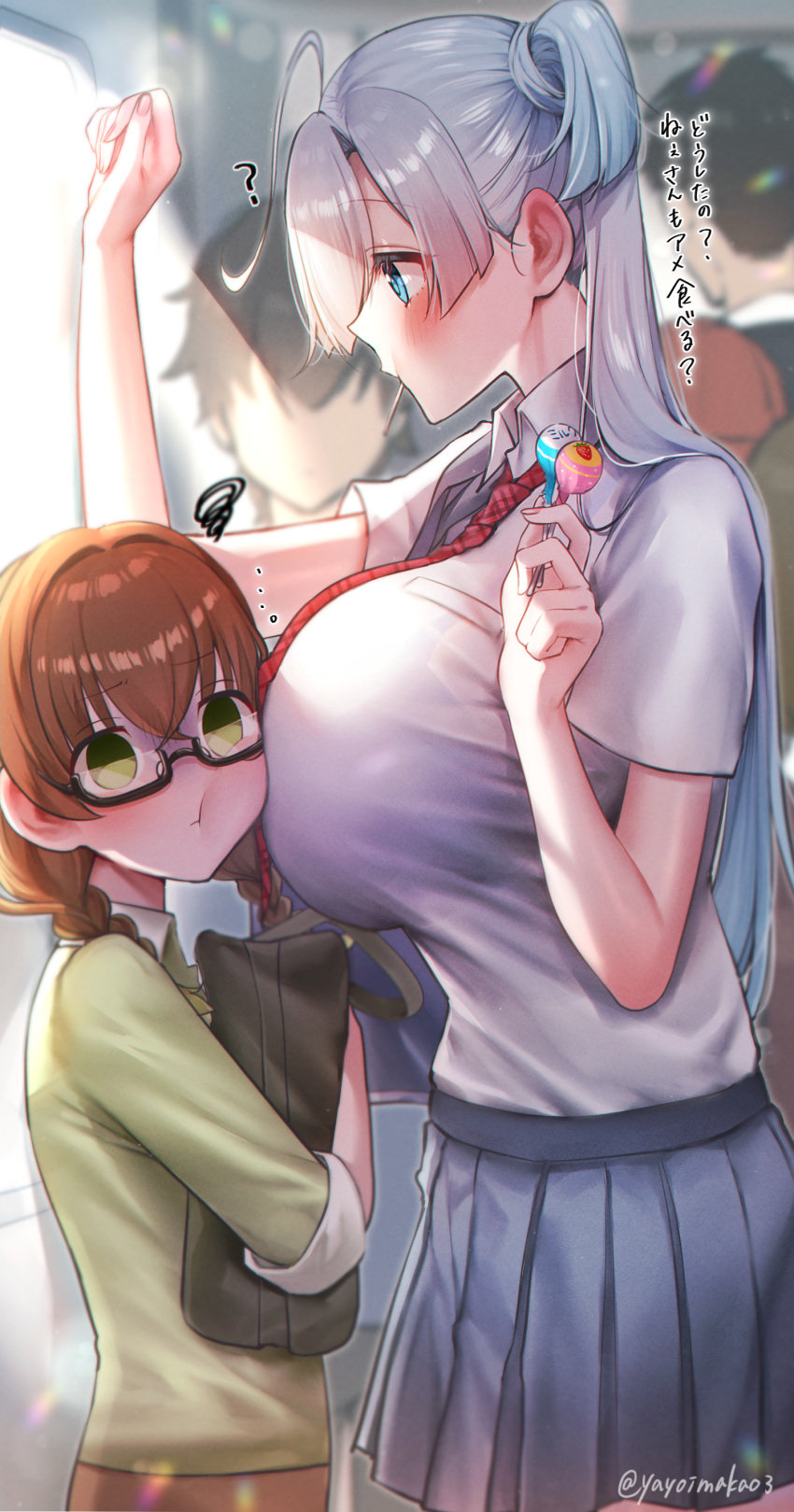 2girls :t ? absurdres ahoge bangs blush breasts brown_hair candy closed_mouth crowd empty_eyes food food_in_mouth green_eyes green_shirt grey_hair grey_skirt hair_between_eyes highres holding holding_candy holding_food holding_lollipop huge_breasts lollipop long_hair looking_at_another minase_alice_(yayoi_maka) multiple_girls necktie original pleated_skirt red_necktie school_uniform shirt short_sleeves skirt squiggle standing train_interior translation_request twintails very_long_hair white_shirt yayoi_maka