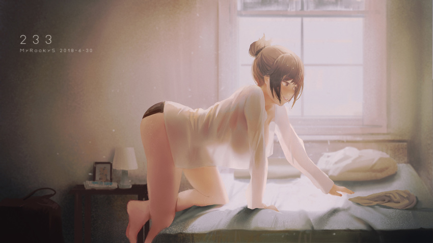 1girl all_fours artist_name bangs bare_legs barefoot black_panties breasts brown_eyes brown_hair commentary_request dated from_side hair_bun highres indoors lamp large_breasts long_sleeves nail_polish nightstand no_pants on_bed original panties parted_lips picture_(object) pillow red_nails see-through_silhouette smile solo underwear window wudi_sao_nian