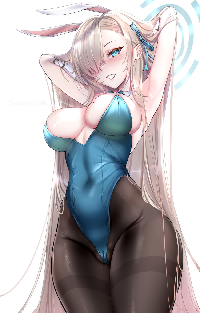 1girl animal_ears arms_behind_head artist_name asuna_(blue_archive) asuna_(bunny)_(blue_archive) black_pantyhose blonde_hair blue_archive blue_bow blue_bowtie blue_eyes blue_leotard blue_ribbon blush bow bowtie breasts cameltoe covered_navel detached_collar elbow_gloves fake_animal_ears gloves grin hair_over_one_eye hair_ribbon halo hand_in_own_hair highres huge_breasts large_breasts leotard long_hair looking_at_viewer mole mole_on_breast necrotenshi pantyhose rabbit_ears ribbon smile solo thighband_pantyhose white_background white_gloves