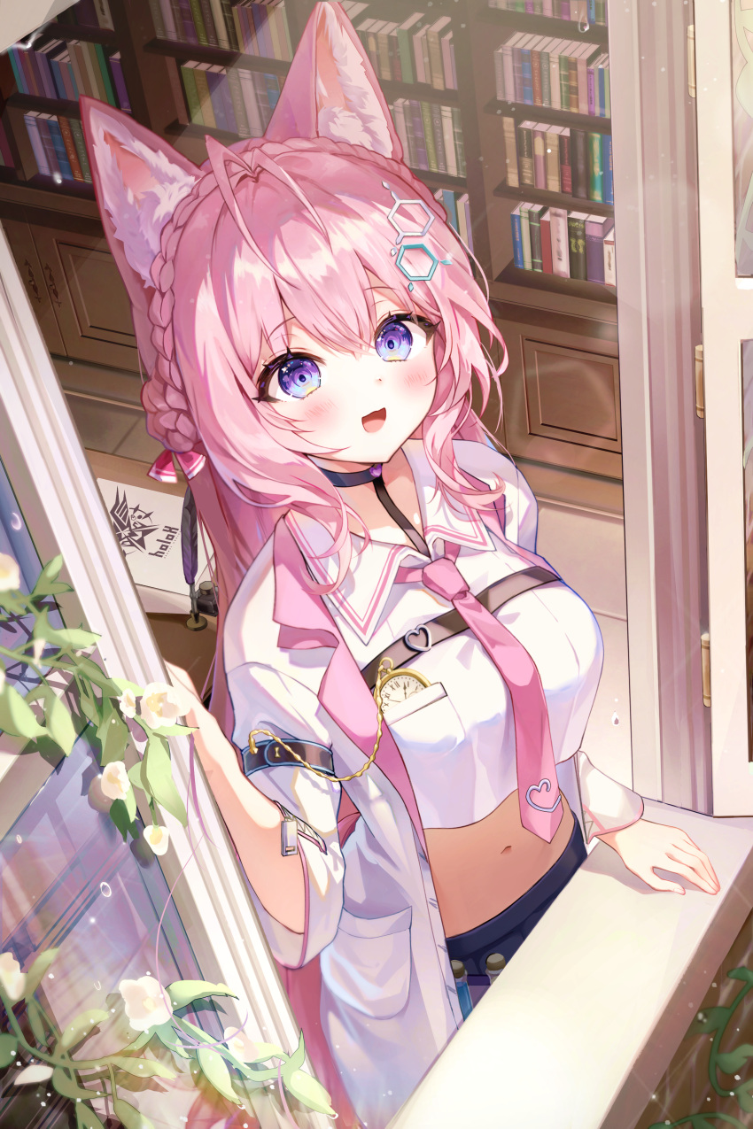 1girl absurdres animal_ear_fluff animal_ears bangs blush book clock coyote_ears coyote_girl hair_ornament hakui_koyori highres hololive iop5509 labcoat library long_hair long_sleeves looking_away looking_up midriff navel necktie open_mouth pink_hair pink_necktie purple_eyes shirt smile test_tube virtual_youtuber white_shirt zipper