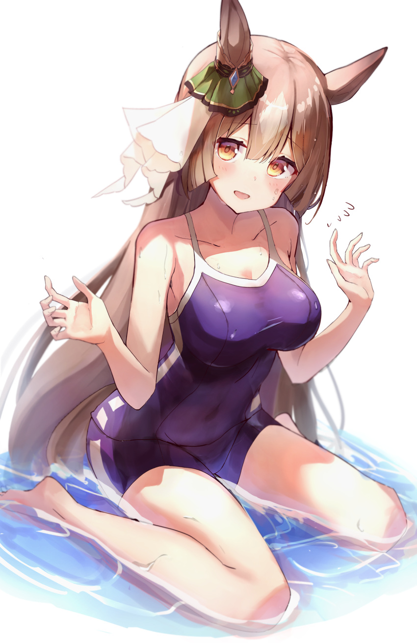 1girl absurdres animal_ears blue_swimsuit breasts brown_eyes brown_hair ear_ribbon green_ribbon highres horse_ears horse_girl large_breasts long_hair looking_at_viewer one-piece_swimsuit ribbon satono_diamond_(umamusume) simple_background sitting solo swimsuit umamusume wariza water white_background yamada_auto