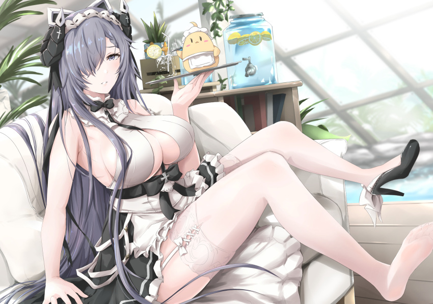 1girl august_von_parseval_(azur_lane) august_von_parseval_(the_conquered_unhulde)_(azur_lane) azur_lane bangs black_bow black_bowtie black_footwear blue_eyes blue_hair blush bow bowtie breasts couch dragon_girl dragon_horns dress full_body garter_straps gudon_(iukhzl) hair_between_eyes hair_over_one_eye high_heels highres holding holding_tray horns large_breasts legs legs_up long_hair looking_at_viewer maid maid_headdress manjuu_(azur_lane) official_alternate_costume open_mouth shoe_dangle shoes sideboob single_shoe sitting solo thighhighs thighs tray water white_dress white_thighhighs window