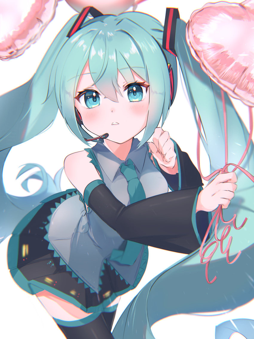 1girl aqua_eyes aqua_hair baba_kirika bangs bare_shoulders blush detached_sleeves hair_ornament hatsune_miku headphones highres long_hair miniskirt necktie skirt thighhighs twintails very_long_hair vocaloid zettai_ryouiki