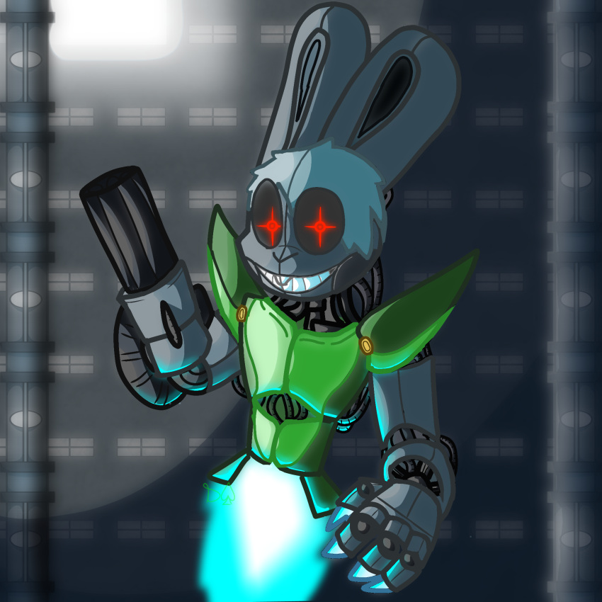 artificial_light blue_fire colored_fire colored_outline darlan_bunnit darli_buni fire gun gun_arm hi_res lagomorph leporid looking_at_viewer machine male mammal pillar rabbit ranged_weapon red_eyes remake robot shaded solo weapon