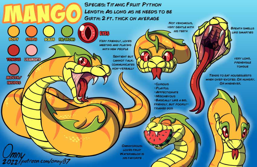 big_mouth_(disambiguation) dialogue english_text fangs forked_tongue fruit_python mango_(omny87) model_sheet omny87 open_mouth python red_eyes reptile scalie snake text tongue watermark
