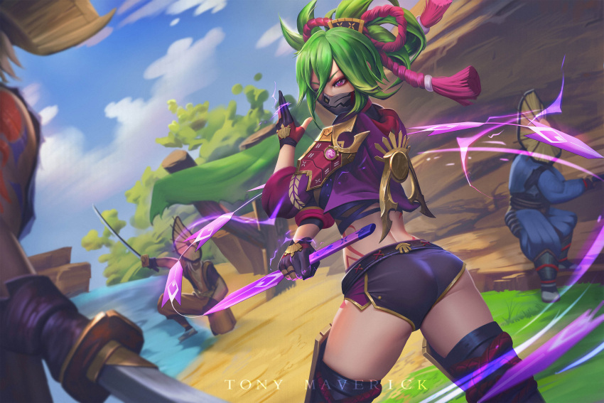 1girl 3boys artist_name ass bangs battle black_thighhighs blue_sky body_markings cloud cropped_hoodie cropped_jacket dagger day drawing_sword electricity fighting_stance genshin_impact gloves grass green_hair hair_between_eyes hair_ornament hair_over_one_eye hand_up hat highres holding holding_dagger holding_sword holding_weapon hood hoodie jacket japanese_clothes katana knife kuji-in kuki_shinobu leg_armor looking_at_another mask mouth_mask multiple_boys ninja ninja_mask nobushi_(genshin_impact) one_knee outdoors partially_fingerless_gloves purple_eyes purple_jacket reverse_grip rope sand shimenawa short_ponytail short_shorts shorts sky straw_hat sword thighhighs thighs tony_maverick vision_(genshin_impact) water weapon