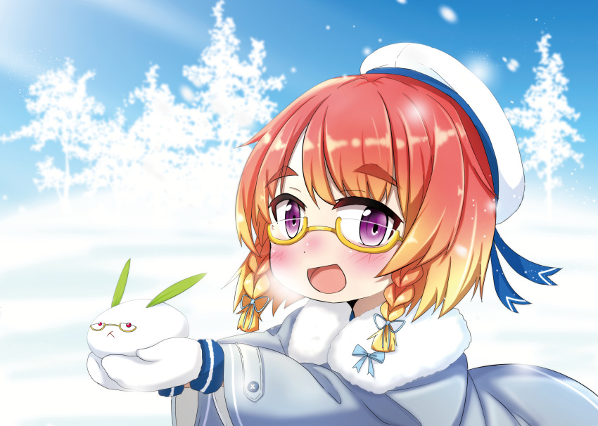 1girl bespectacled blonde_hair blue_sky bob_cut braid cloud coat commentary_request day etorofu_(kancolle) fur-trimmed_coat fur_trim glasses gradient_hair hat highres kantai_collection multicolored_hair official_alternate_costume outdoors purple_eyes rakuto89 red_hair sailor_hat semi-rimless_eyewear side_braid sky snow snow_rabbit solo thick_eyebrows tree twin_braids under-rim_eyewear upper_body white_coat white_headwear yellow-framed_eyewear