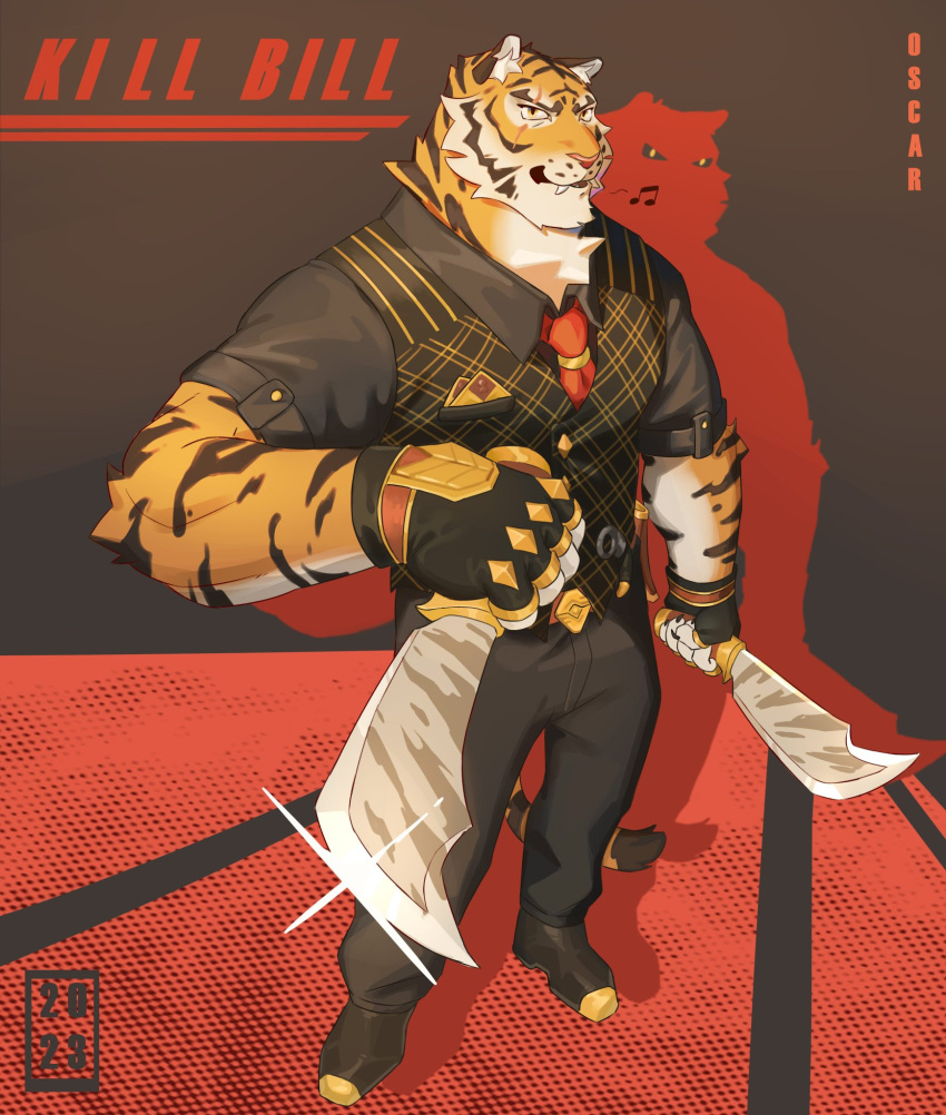 2023 anthro biped black_body black_fur black_stripes bottomwear chivess clothed clothing digital_media_(artwork) epic_games eye_scar eyebrows facial_scar felid footwear fortnite fully_clothed fur hi_res holding_object holding_weapon kill_bill looking_at_viewer male mammal muscular muscular_anthro muscular_male necktie orange_body orange_fur oscar_(fortnite) pantherine pants scar shirt shoes smile solo standing striped_body striped_fur stripes tail tiger topwear vest weapon whistling white_body white_fur