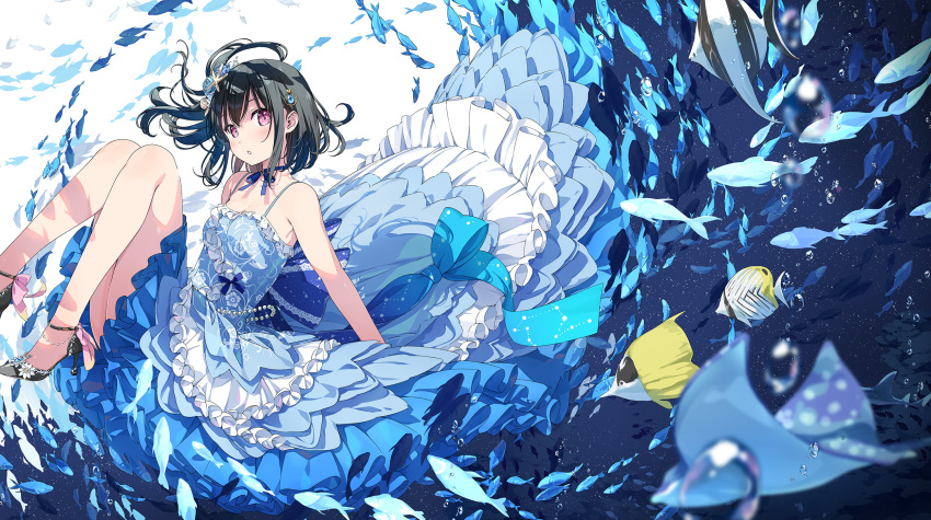 1girl 5_nenme_no_houkago armpit_peek bare_shoulders black_hair blue_dress commentary dress fish frilled_dress frills full_body hair_ornament highres kantoku layered_dress looking_at_viewer medium_hair one_side_up pink_eyes shizuku_(kantoku) sleeveless sleeveless_dress underwater water