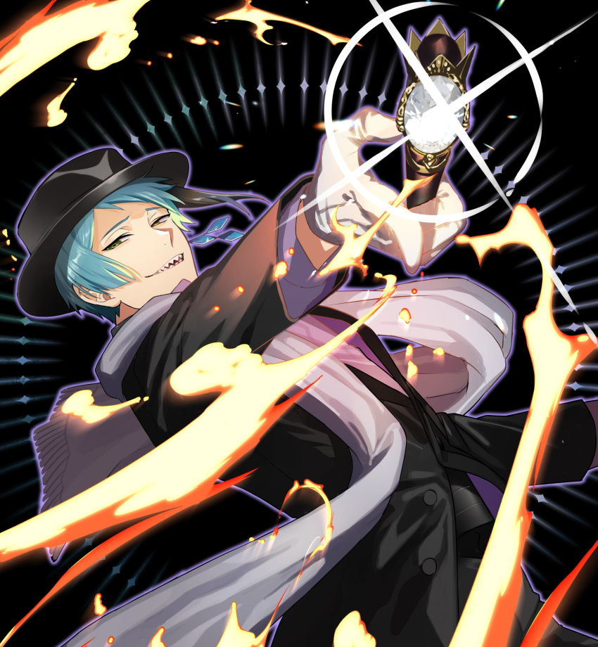 1boy bishounen black_background black_headwear black_jacket black_pants blue_hair cane diamond_(gemstone) earrings eel_boy gloves hat heterochromia highres jacket jade_leech jewelry looking_at_viewer magic male_focus ororooops pants scarf sharp_teeth short_hair single_earring solo teeth twisted_wonderland white_gloves white_scarf