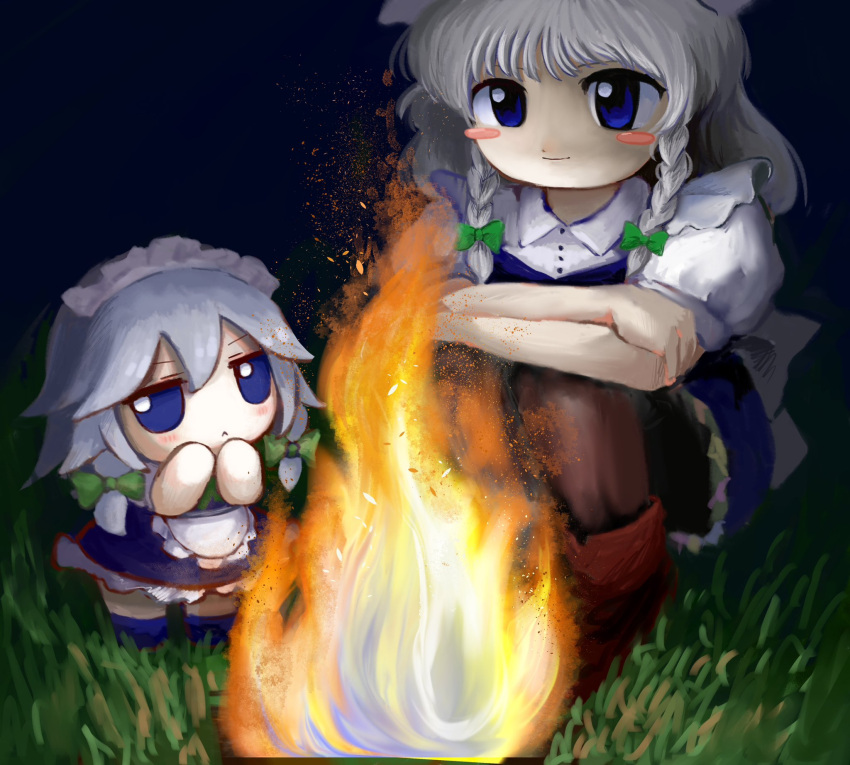 2girls blue_eyes blue_footwear blush_stickers bow braid fire full_body fumo_(doll) green_bow grey_hair hair_bow highres izayoi_sakuya maid_headdress multiple_girls outdoors short_hair short_sleeves side_braids sitting symbol-shaped_pupils touhou twin_braids yakumora_n zun_(style)