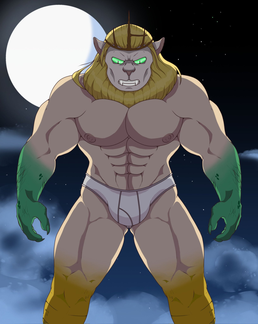 abs adventure_time anasterpig anthro biceps bulge cartoon_network clothing felid green_body hi_res hybrid lion male mammal moon muscular muscular_anthro muscular_male night nipples pantherine pecs scales solo underwear vampire vampire_king