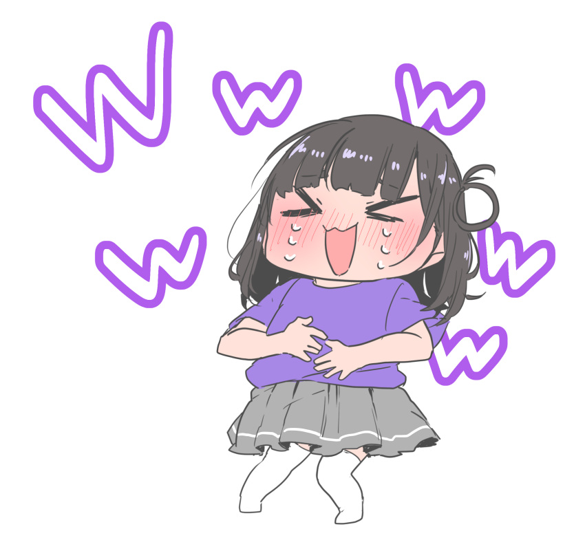 &gt;_&lt; :3 black_hair blush chibi commentary_request crying full_body grey_skirt highres kashikaze laughing long_hair love_live! love_live!_sunshine!! ohara_mari open_mouth pleated_skirt purple_shirt real_life shirt short_sleeves simple_background single_hair_ring skirt suzuki_aina thighhighs translation_request transparent_background voice_actor voice_actor_connection white_thighhighs zettai_ryouiki