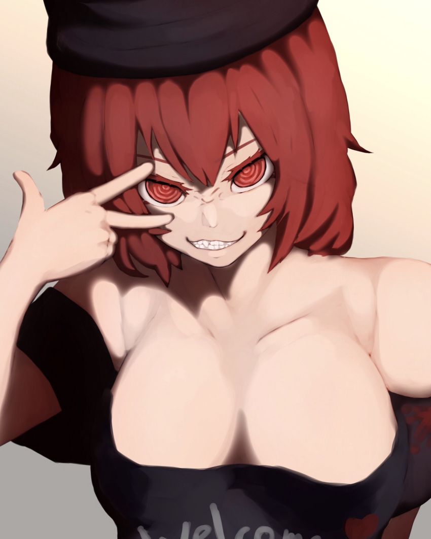 1girl al_bhed_eyes bare_shoulders breasts cleavage clothes_writing collarbone commentary_request eyebrows_behind_hair fang gradient gradient_background grin hecatia_lapislazuli highres huge_breasts looking_at_viewer makarov1914 medium_hair off-shoulder_shirt off_shoulder polos_crown red_eyes red_hair shirt smile solo touhou upper_body v