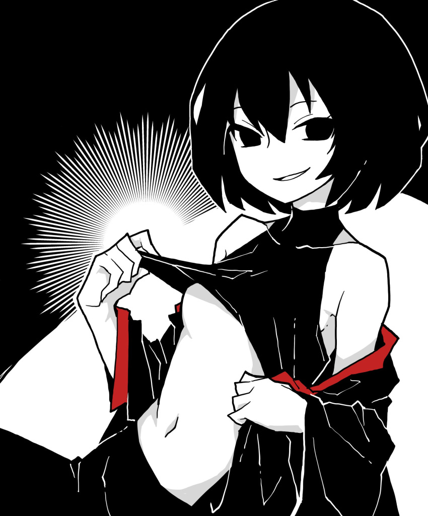 1girl akableak armpits bare_shoulders black_background black_eyes black_gloves black_jacket black_pants black_shirt bob_cut breasts closed_mouth clothes_lift clothes_pull collarbone commentary crop_top cropped_shirt empty_eyes english_commentary from_side gakuran gloves grin hair_between_eyes high_contrast highres jacket lifted_by_self long_sleeves looking_at_viewer looking_to_the_side midriff monogatari_(series) naoetsu_high_school_uniform naughty_face navel no_bra no_nipples notice_lines off_shoulder open_clothes open_jacket opened_by_self oshino_ougi outline pale_skin pants parted_lips school_uniform shirt shirt_lift short_hair sitting sleeveless sleeveless_shirt small_breasts smile solo teasing turtleneck underboob undressing upper_body white_background white_outline