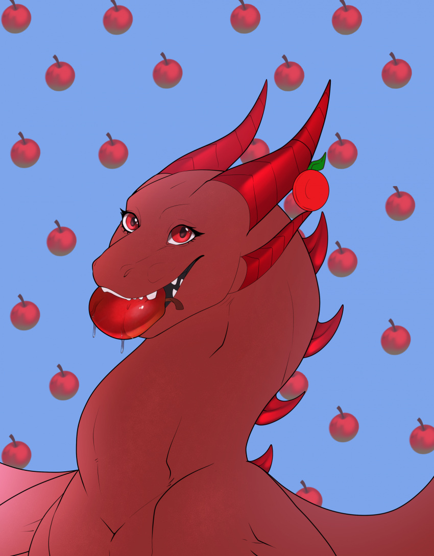 apple apple_dragon barely_visible_wings bodily_fluids cheek_horn dragon female feral food fruit hi_res horn membrane_(anatomy) membranous_wings object_in_mouth plant red_body red_eyes red_horn red_scales saliva scales scalie solo staffkira2891 teeth wings