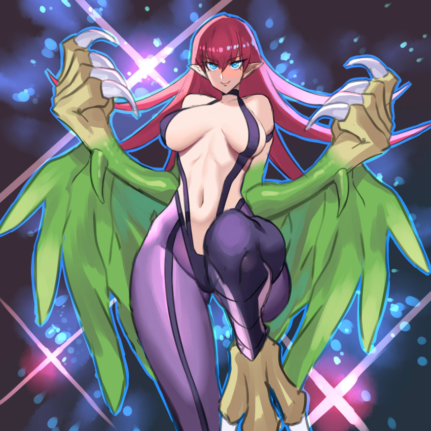 1girl blue_eyes blush breasts claws duel_monster eyelashes feathered_wings harpie_lady harpie_lady_1 harpy highres large_breasts long_hair looking_at_viewer monster_girl navel pantyhose pointy_ears purple_pantyhose red_hair revealing_clothes slingshot_swimsuit solo swimsuit talons ukimukai very_long_hair wings yu-gi-oh!