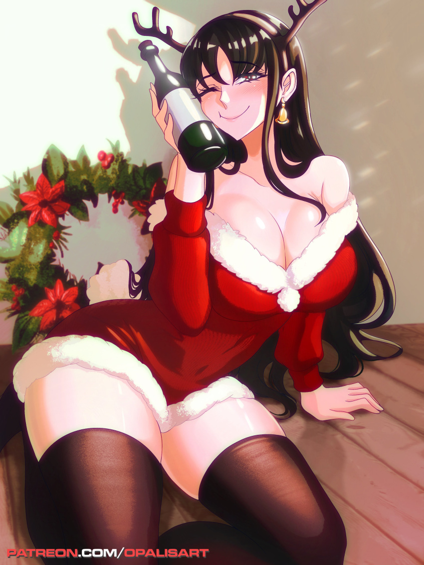 1girl absurdres arm_support black_hair black_thighhighs bottle breasts earrings fake_horns highres holding holding_bottle horns indoors jewelry large_breasts long_hair looking_at_viewer on_floor one_eye_closed opalis red_eyes santa_costume smile solo spy_x_family thick_thighs thighhighs thighs wooden_floor yor_briar
