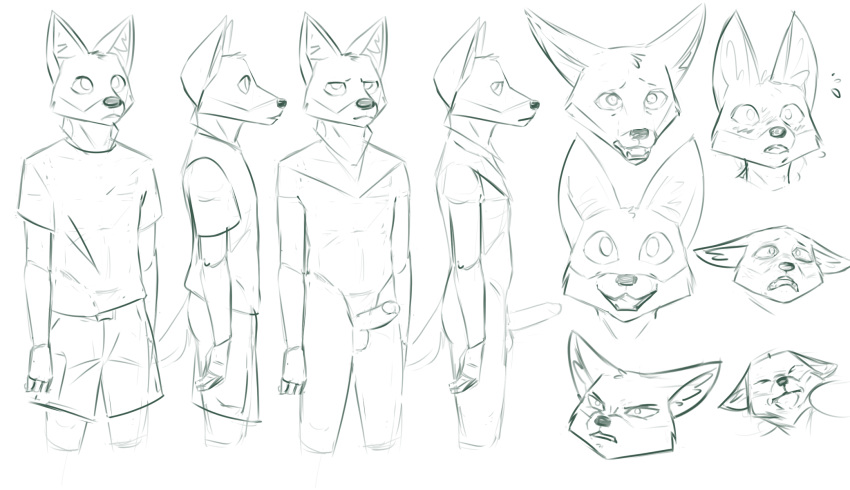 anthro canid canine canis clothing coyote erection genitals hi_res humanoid_genitalia male mammal model_sheet monochrome penis redout solo teenager young