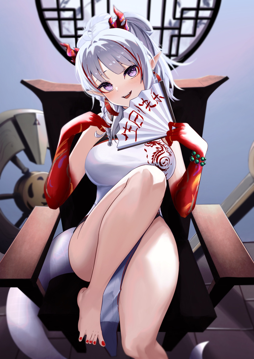 1girl :d absurdres arknights bare_shoulders barefoot breasts china_dress chinese_clothes commentary dress feet folding_fan foot_out_of_frame half_updo hand_fan head_tilt highres holding holding_fan horns knee_up large_breasts legs long_hair looking_at_viewer multicolored_hair nail_polish nian_(arknights) nian_(unfettered_freedom)_(arknights) official_alternate_costume open_mouth purple_eyes red_hair red_nails sleeveless sleeveless_dress smile solo spread_toes streaked_hair tail toenail_polish toenails toes white_dress white_hair yan_kodiac