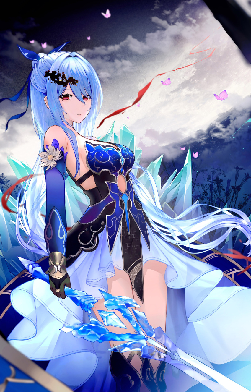 1girl absurdres armpit_crease black_gloves blue_dress blue_hair blue_sleeves breasts bug butterfly cloud cloudy_sky cowboy_shot crystal_sword detached_sleeves dress dutch_angle gloves half_updo high-low_skirt highres holding holding_sword holding_weapon honkai:_star_rail honkai_(series) ice_crystal jingliu_(honkai:_star_rail) long_hair long_sleeves looking_at_viewer medium_breasts night night_sky nomen outdoors parted_lips pink_butterfly pleated_skirt red_eyes sideboob sidelocks skirt sky solo strapless strapless_dress sword weapon white_skirt