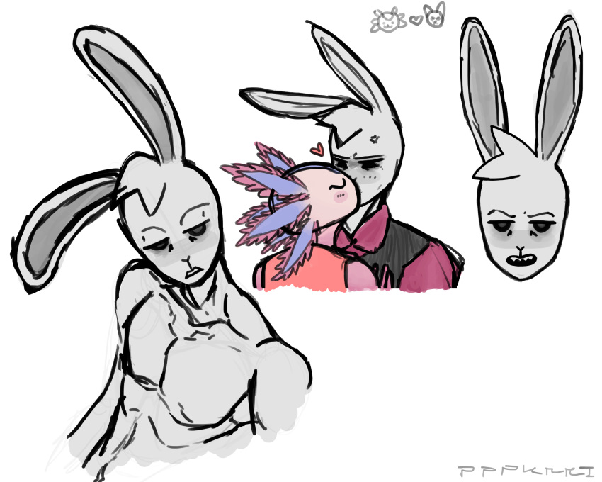 &lt;3 amphibian anthro axo_(fortnite) axolotl clothed clothing duo epic_games fortnite fur grey_body grey_fur guggimon hi_res humanoid kissing lagomorph leporid male male/male mammal marine mole_salamander nude pink_body pppkkki rabbit salamander