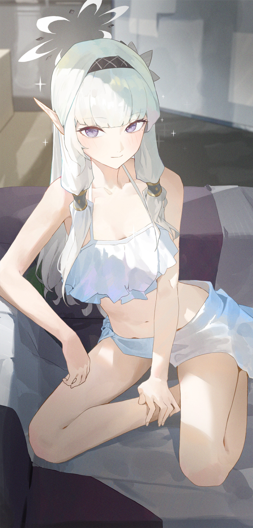 1girl absurdres bare_arms bare_legs bare_shoulders bikini black_hairband blue_archive blue_bikini blush breasts closed_mouth hair_tubes hairband halo highres himari_(blue_archive) indoors kji_(rozo) kneeling long_hair looking_at_viewer mole mole_under_eye navel pointy_ears purple_eyes small_breasts solo swimsuit white_hair