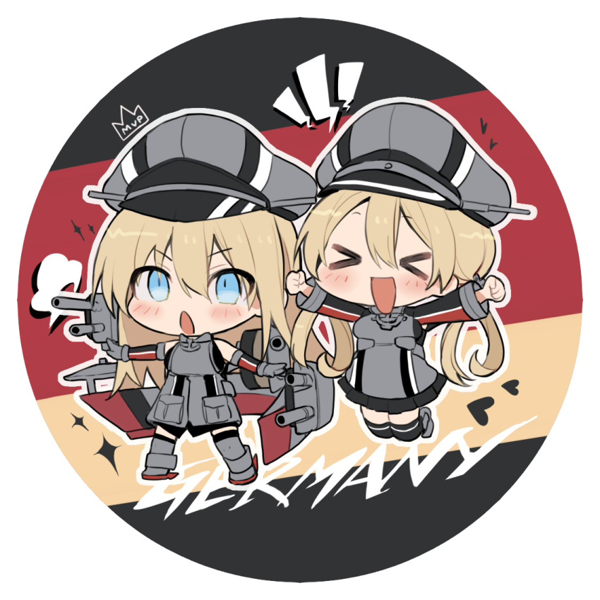 &gt;_&lt; 2girls bell bismarck_(kancolle) black_skirt black_thighhighs blonde_hair blue_eyes blush chibi closed_eyes german_flag gloves hair_bell hair_between_eyes hair_ornament hat kantai_collection long_hair long_sleeves military military_uniform multiple_girls open_mouth peaked_cap picoli1313 pleated_skirt prinz_eugen_(kancolle) rigging skirt sparkle thighhighs twintails uniform