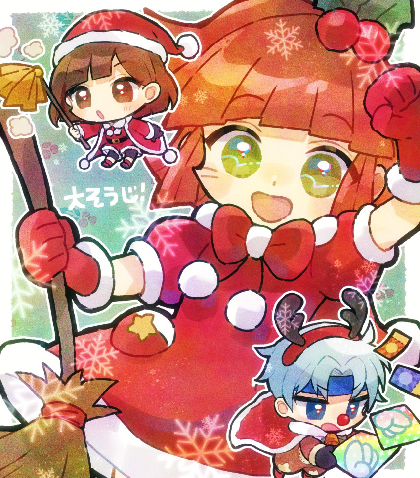 1boy 2girls animal_costume arle_nadja atari_(puyopuyo) black_gloves blue_eyes blue_headband bow broom brown_eyes doradorakingyo dress duster fake_antlers feather_duster gloves grey_hair hat headband highres holding holding_broom holding_duster mistletoe_hair_ornament multiple_girls open_mouth pom_pom_(clothes) ponytail puyopuyo puyopuyo_quest red_bow red_dress red_footwear red_gloves red_nose reindeer_costume santa_costume santa_hat schezo_wegey translation_request yellow_eyes