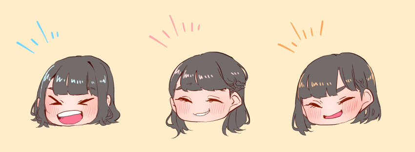 &gt;_&lt; 3girls aida_rikako blunt_bangs blush braid brown_hair closed_eyes commentary_request french_braid head_only highres inami_anju kashikaze long_hair medium_hair multiple_girls open_mouth real_life saitou_shuka simple_background smile teeth upper_teeth_only voice_actor_connection yellow_background