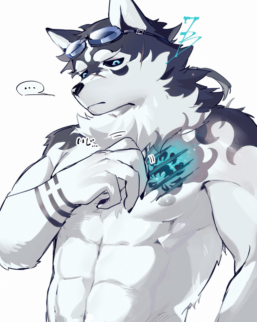 ... 1boy abs animal_ears bara black_sclera blue_eyes colored_sclera commentary_request dog_boy dog_ears furry furry_male goggles goggles_on_head highres looking_at_self male_focus masanori_(housamo) multiple_scars nanaisan_(713) pectorals scar scar_on_chest scar_on_face scar_on_head scar_on_nose scratching scratching_chest signature speech_bubble tokyo_afterschool_summoners topless_male upper_body white_background