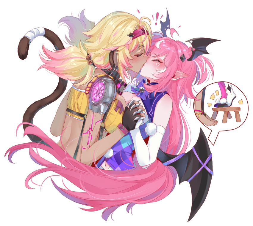 ! 2girls absurdres ahoge animal_ears black_gloves blonde_hair blush breasts camila_(vtuber) closed_eyes dark-skinned_female dark_skin ear_blush fingerless_gloves gloves head_wings highres holding holding_hands indie_virtual_youtuber interlocked_fingers interracial kiss koko_d._nuts long_hair medium_hair multicolored_hair multiple_girls pink_hair pointy_ears second-party_source srinitybeast tail virtual_youtuber wings yuri