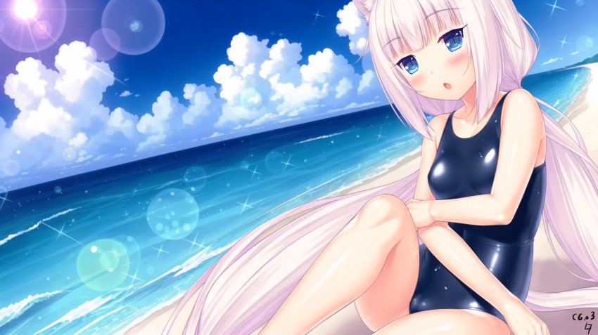 1girl ai-generated alternate_costume animal_ear_fluff animal_ears arm_under_breasts bare_arms beach blue_eyes blue_one-piece_swimsuit blue_sky blunt_bangs blush breasts cameltoe cat_ears cat_girl cat_tail chestnut_mouth cloud collarbone commentary cowboy_shot cumulonimbus_cloud day dutch_angle english_commentary grabbing_own_arm highres knee_up lens_flare link_n7 long_hair looking_at_viewer low_twintails nekopara ocean one-piece_swimsuit open_mouth outdoors sayori_(neko_works)_(style) shiny_skin sidelocks signature sitting sky slit_pupils small_breasts solo sparkle sun swimsuit tail twintails vanilla_(nekopara) very_long_hair white_hair