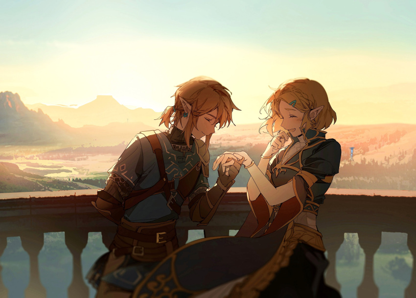 1boy 1girl absurdres armor belt blonde_hair blue_shirt blue_tunic braid champion's_tunic_(zelda) closed_eyes crown_braid dress earrings fingerless_gloves gloves gradient_sky hand_grab highres jewelry link low_ponytail mountain mountainous_horizon outdoors pointy_ears princess_zelda scenery shirt short_hair short_ponytail shoulder_armor sidelocks sky smile sunset the_legend_of_zelda the_legend_of_zelda:_tears_of_the_kingdom yuno_11_02